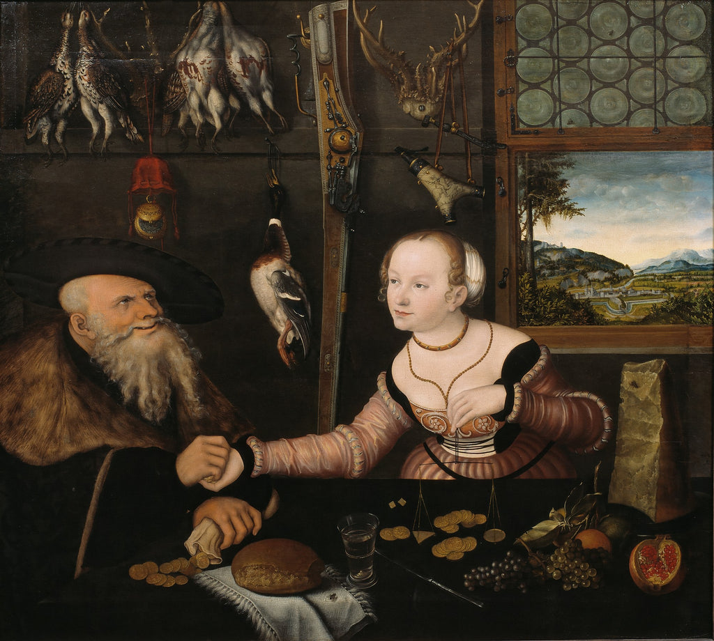 Pintura de Lucas Cranach, o Velho, intitulada 'O Caçador e a Ninfa', mostrando um homem barbudo e uma mulher jovem numa cena de caça e natureza com moedas e animais abatidos.