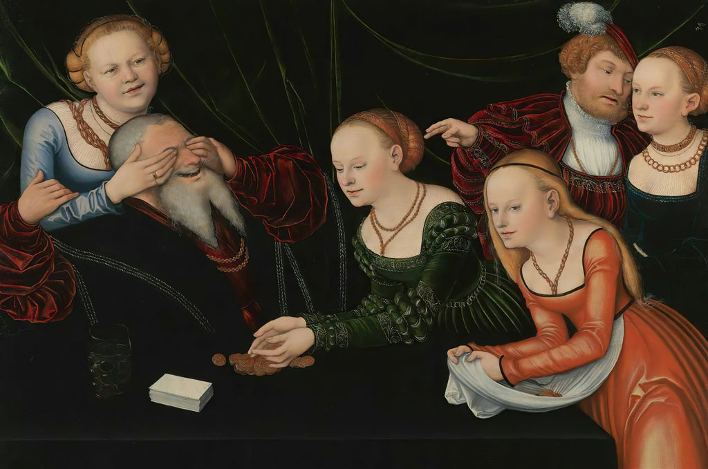 Uma pintura renascentista de Lucas Cranach, o Velho, mostrando um grupo de figuras em uma cena de interação social. Um homem mais velho tem os olhos vendados por uma mulher, enquanto outras figuras ao redor observam e interagem, uma delas contando moedas. A composição é rica em detalhes e expressões.