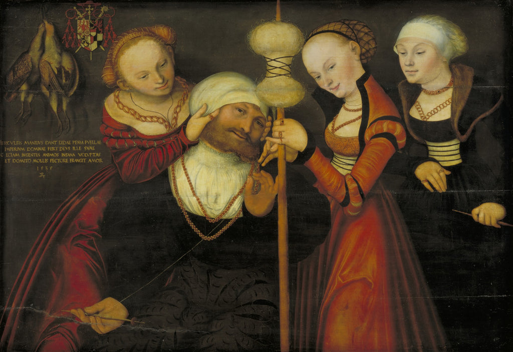 Quadro decorativo 'Hércules e Ônfale' de Lucas Cranach, o Velho. A imagem mostra Hércules com barba e turbante, cercado por três mulheres que o auxiliam a fiar. A mulher à esquerda segura a cabeça de Hércules, enquanto a do centro lhe entrega um fuso. A mulher à direita observa. Hércules veste roupas escuras e as mulheres, vestes em tons de vermelho e dourado, com joias. No canto superior esquerdo, há um brasão de armas e dois pássaros pendurados.