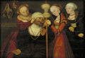 Quadro decorativo 'Hércules e Ônfale' de Lucas Cranach, o Velho. A imagem mostra Hércules com barba e turbante, cercado por três mulheres que o auxiliam a fiar. A mulher à esquerda segura a cabeça de Hércules, enquanto a do centro lhe entrega um fuso. A mulher à direita observa. Hércules veste roupas escuras e as mulheres, vestes em tons de vermelho e dourado, com joias. No canto superior esquerdo, há um brasão de armas e dois pássaros pendurados.