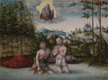 Quadro decorativo 'O Batismo de Cristo' de Lucas Cranach, o Velho, mostrando João Batista e Jesus no rio, com Deus Pai e o Espírito Santo acima, e uma paisagem florestal e urbana ao fundo.