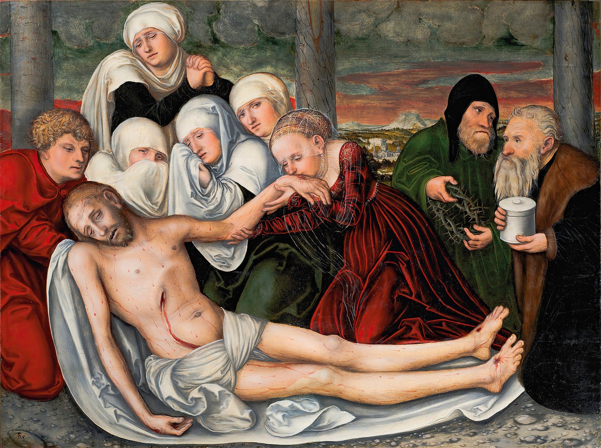 Uma pintura renascentista de Lucas Cranach, o Velho, representando a Lamentação de Cristo, com figuras bíblicas em torno do corpo de Jesus, expressando tristeza e dor, em tons terrosos e vermelhos profundos.