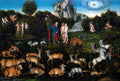 Quadro decorativo mostrando a pintura 'O Paraíso' de Lucas Cranach, o Velho, com Adão e Eva, Deus e uma vasta gama de animais selvagens e domésticos em um jardim exuberante.