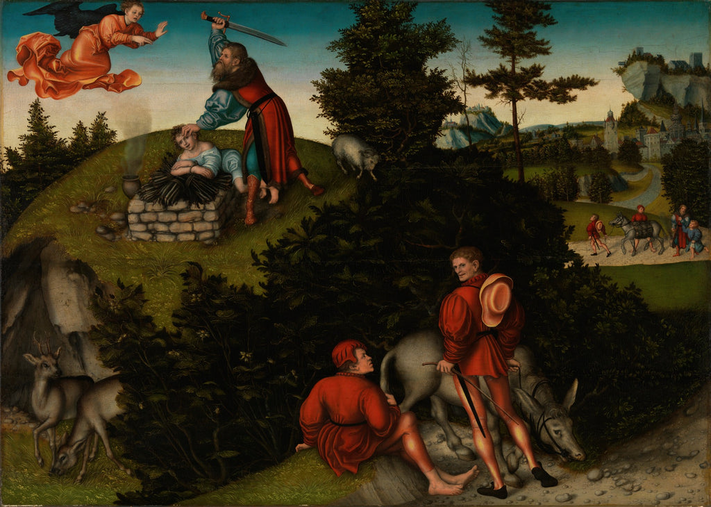Pintura renascentista de Lucas Cranach, o Velho, retratando o Sacrifício de Isaac. Abraão, com uma espada levantada, é detido por um anjo que voa no céu, enquanto Isaac está deitado sobre um altar de pedras. Ao fundo, uma paisagem verdejante com árvores, ovelhas, veados e outras figuras observando a cena. A paleta de cores é rica em tons terrosos e verdes.