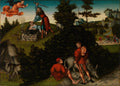 Pintura renascentista de Lucas Cranach, o Velho, retratando o Sacrifício de Isaac. Abraão, com uma espada levantada, é detido por um anjo que voa no céu, enquanto Isaac está deitado sobre um altar de pedras. Ao fundo, uma paisagem verdejante com árvores, ovelhas, veados e outras figuras observando a cena. A paleta de cores é rica em tons terrosos e verdes.