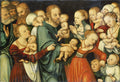 Pintura de Lucas Cranach, o Velho, intitulada 'Cristo Abençoando as Crianças', mostrando Jesus Cristo no centro rodeado por diversas mulheres e homens com bebês e crianças pequenas em seus braços, em tons ricos de verde, vermelho e dourado, com expressões serenas e devotas.