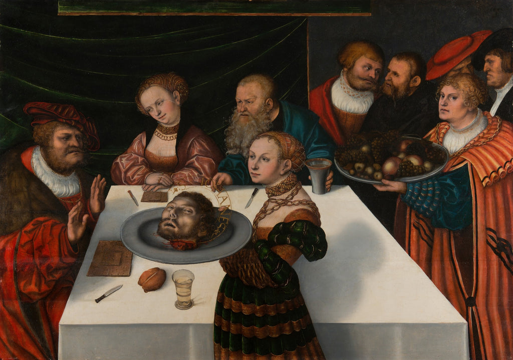 Pintura renascentista que retrata a decapitação de São João Batista, com Salomé segurando a cabeça em uma bandeja, rodeada por figuras em uma mesa. A cena é dramática, com expressões faciais intensas e cores escuras e ricas nos trajes dos personagens e no fundo. Predominam tons de vermelho, dourado, verde e marrom.