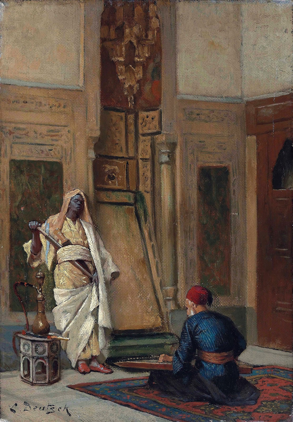 Pintura a óleo de Ludwig Deutsch, 'A Oferenda', mostrando um homem de pé, vestindo túnica e turbante, segurando um sabre, observando outro homem ajoelhado em um tapete, com um rosário em mãos, em um ambiente oriental ricamente decorado com detalhes arquitetônicos e uma narguilé ao lado do homem em pé.
