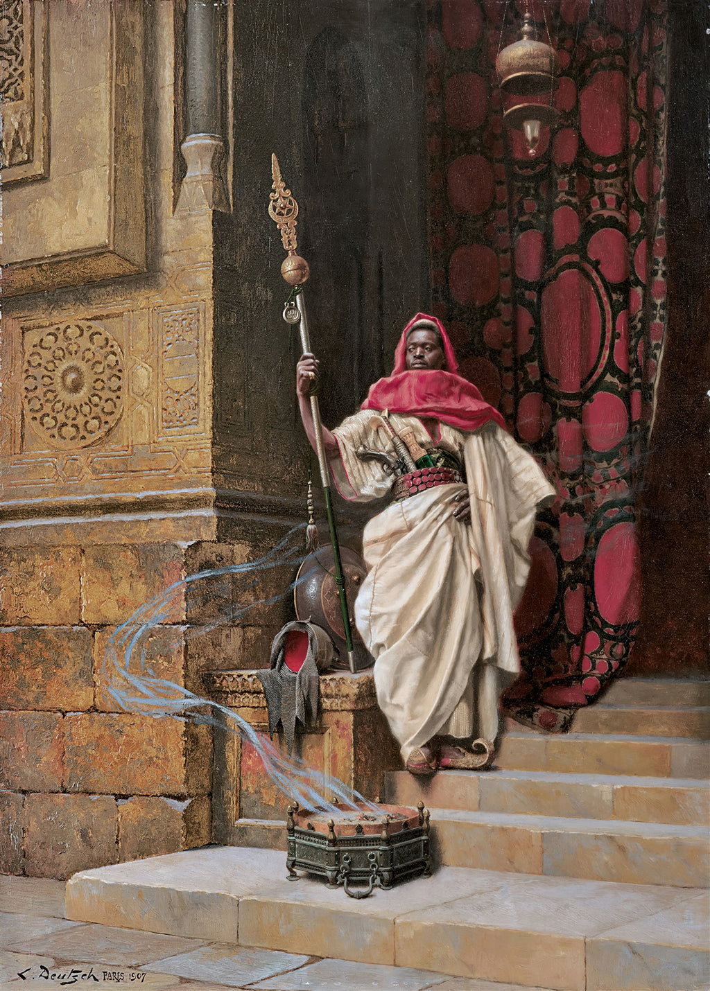 Quadro decorativo com um homem de pele escura, vestido com túnica branca e capuz vermelho, segurando um cajado cerimonial. Ele está em uma escadaria de pedra, ao lado de uma parede ornamentada e uma cortina vermelha. Um incensário emite fumaça azulada no primeiro plano.
