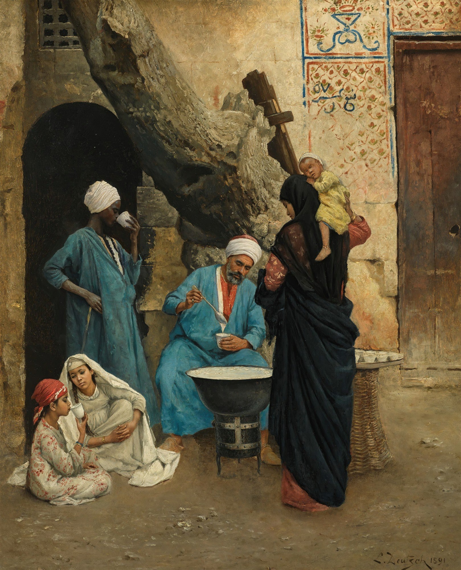 Pintura a óleo de Ludwig Deutsch, 'A Partilha', mostrando pessoas em vestes orientais compartilhando comida em uma rua, com detalhes arquitetônicos e um bebê no colo de uma mulher.