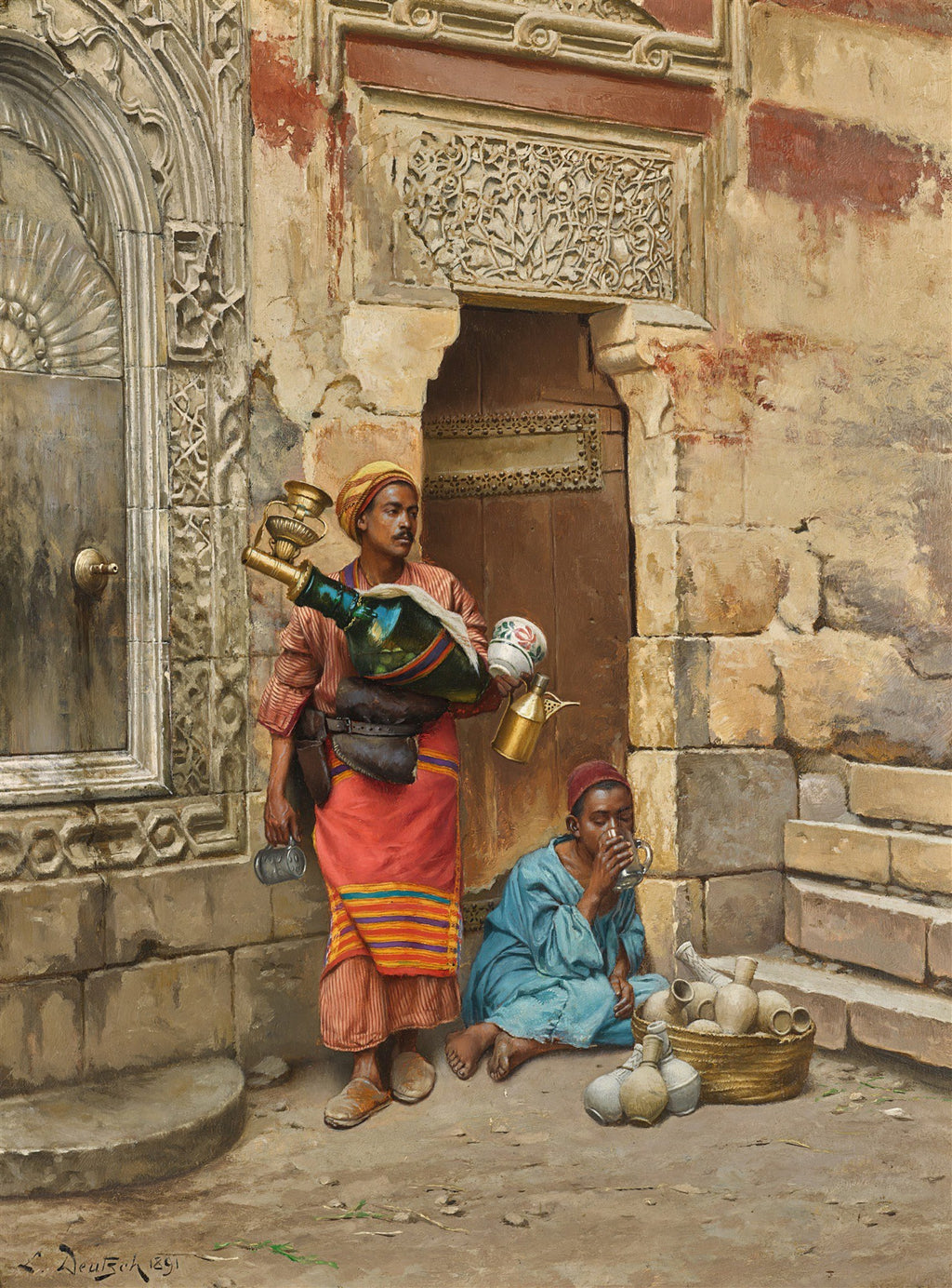 Pintura a óleo de Ludwig Deutsch mostrando dois homens em uma cena de rua oriental, um deles segurando uma garrafa decorada e o outro sentado ao lado de vasos de barro. Há uma fonte e arquitetura detalhada ao fundo.