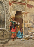 Pintura a óleo de Ludwig Deutsch mostrando dois homens em uma cena de rua oriental, um deles segurando uma garrafa decorada e o outro sentado ao lado de vasos de barro. Há uma fonte e arquitetura detalhada ao fundo.