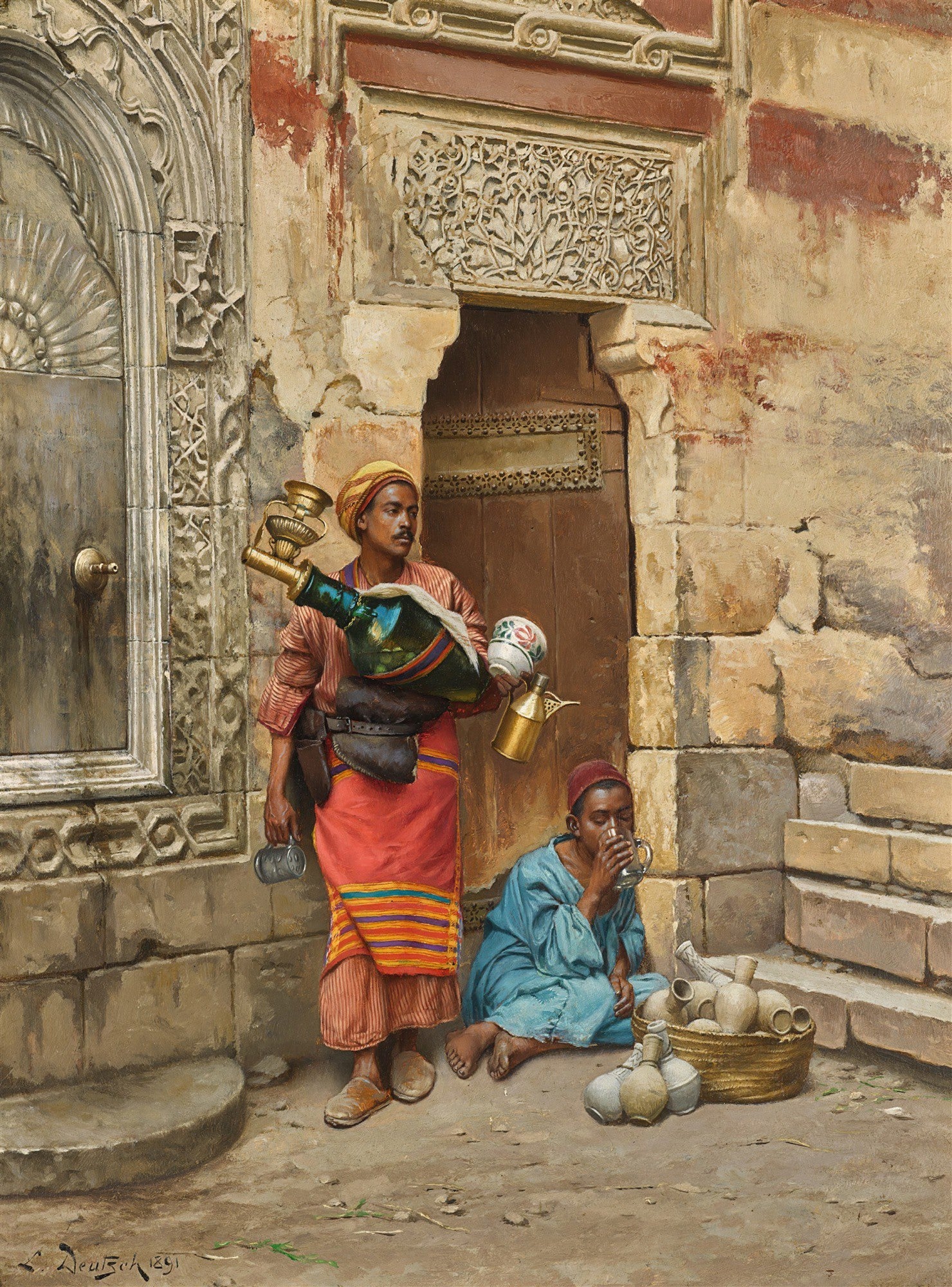 Pintura a óleo de Ludwig Deutsch mostrando dois homens em uma cena de rua oriental, um deles segurando uma garrafa decorada e o outro sentado ao lado de vasos de barro. Há uma fonte e arquitetura detalhada ao fundo.