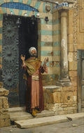 Quadro a óleo retratando um homem com turbante e vestes orientais, de barba, em pé à porta de um edifício com azulejos, com as mãos erguidas em oração. A arquitetura apresenta detalhes ornamentados e tons terrosos, com lanternas penduradas acima da entrada.