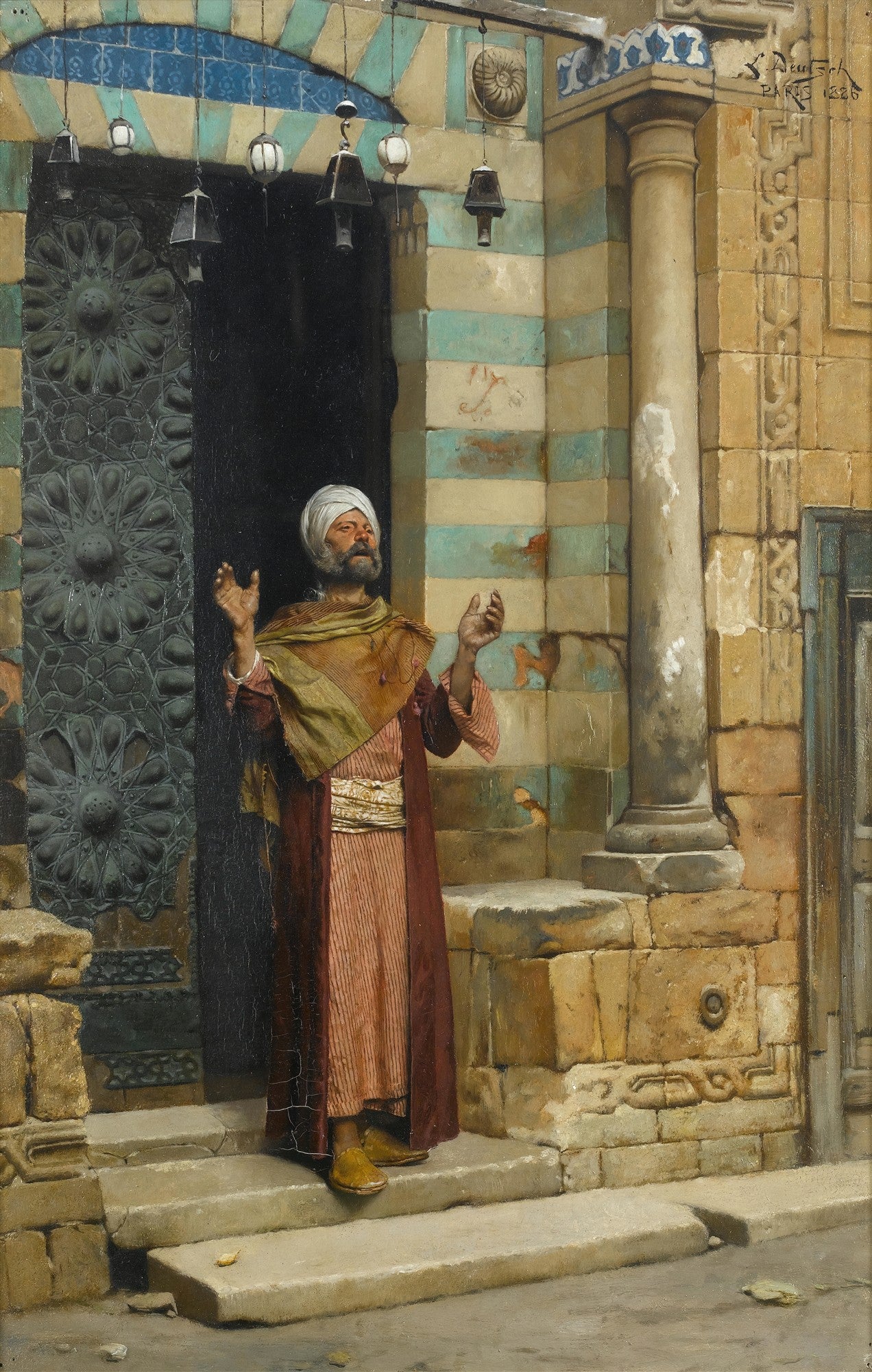 Quadro a óleo retratando um homem com turbante e vestes orientais, de barba, em pé à porta de um edifício com azulejos, com as mãos erguidas em oração. A arquitetura apresenta detalhes ornamentados e tons terrosos, com lanternas penduradas acima da entrada.