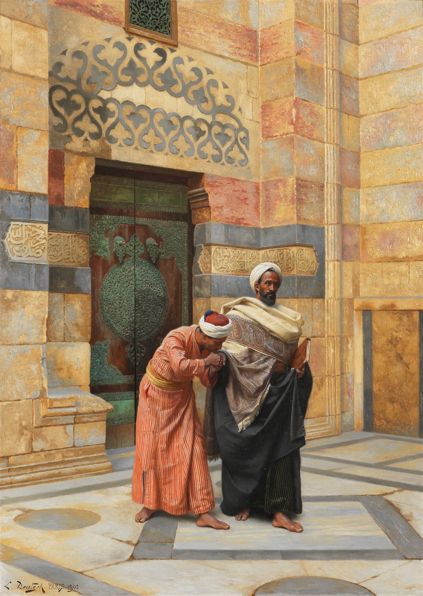 Pintura de Ludwig Deutsch, 'A Oferta', retratando dois homens em trajes orientais em frente a uma porta ornamentada, um deles beijando a mão do outro. A arquitetura é detalhada e as cores são quentes e terrosas.