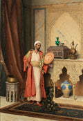 Pintura a óleo de Ludwig Deutsch, 'O Vendedor de Cerâmica', mostrando um homem vestido com trajes orientais, turbante branco e túnica salmão, segurando uma cerâmica em um ambiente ricamente decorado com tapetes persas, móveis entalhados e objetos de cobre, evocando uma cena orientalista.