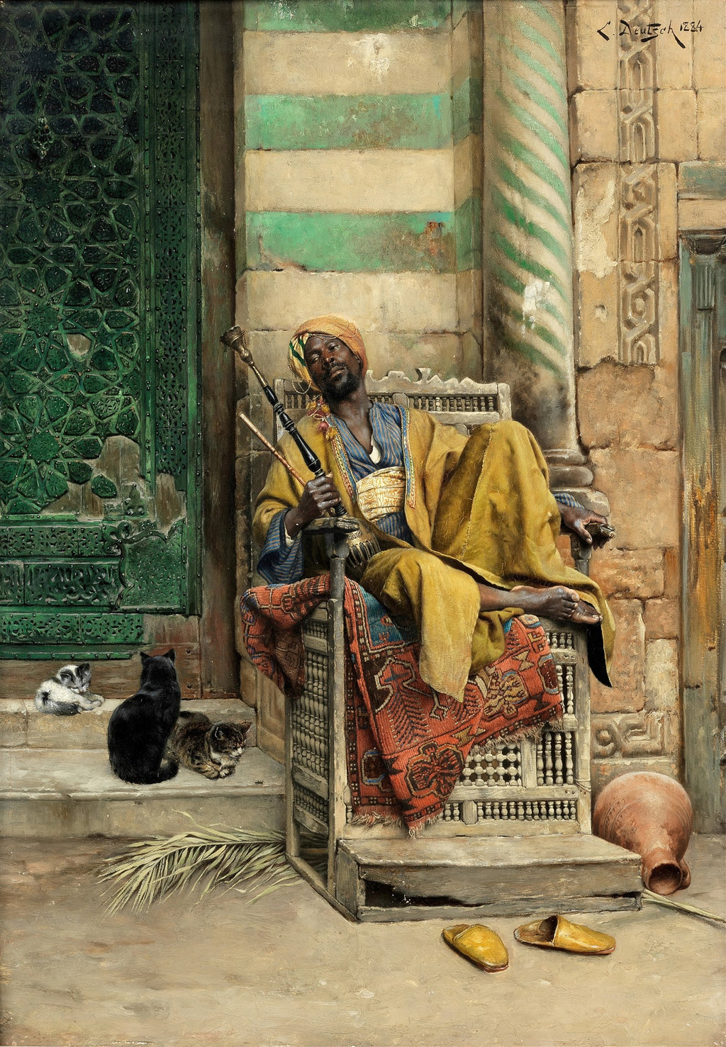 Pintura a óleo de Ludwig Deutsch, "O Shisha Fumante", retratando um homem sentado, com um shisha, cercado por gatos e arquitetura árabe, em tons terrosos e verdes vibrantes.