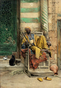 Pintura a óleo de Ludwig Deutsch, "O Shisha Fumante", retratando um homem sentado, com um shisha, cercado por gatos e arquitetura árabe, em tons terrosos e verdes vibrantes.
