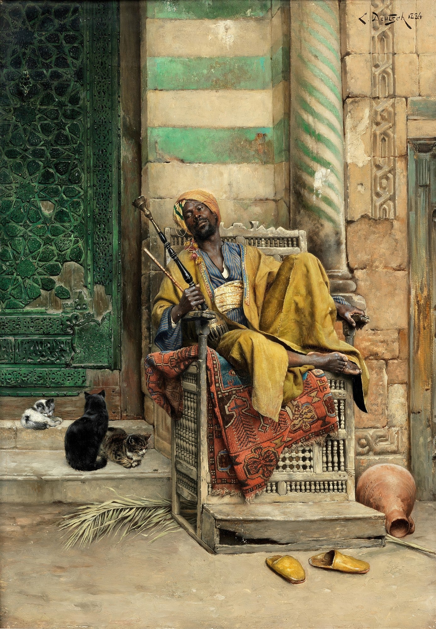 Pintura a óleo de Ludwig Deutsch, "O Shisha Fumante", retratando um homem sentado, com um shisha, cercado por gatos e arquitetura árabe, em tons terrosos e verdes vibrantes.