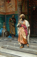 Pintura de Ludwig Deutsch mostrando dois homens vestidos com trajes orientais ricamente detalhados em um ambiente decorado com azulejos e elementos arquitetônicos islâmicos. O homem em primeiro plano veste túnica dourada e turbante, segurando uma espada. O segundo homem, mais escuro, veste armadura e segura uma cimitarra.