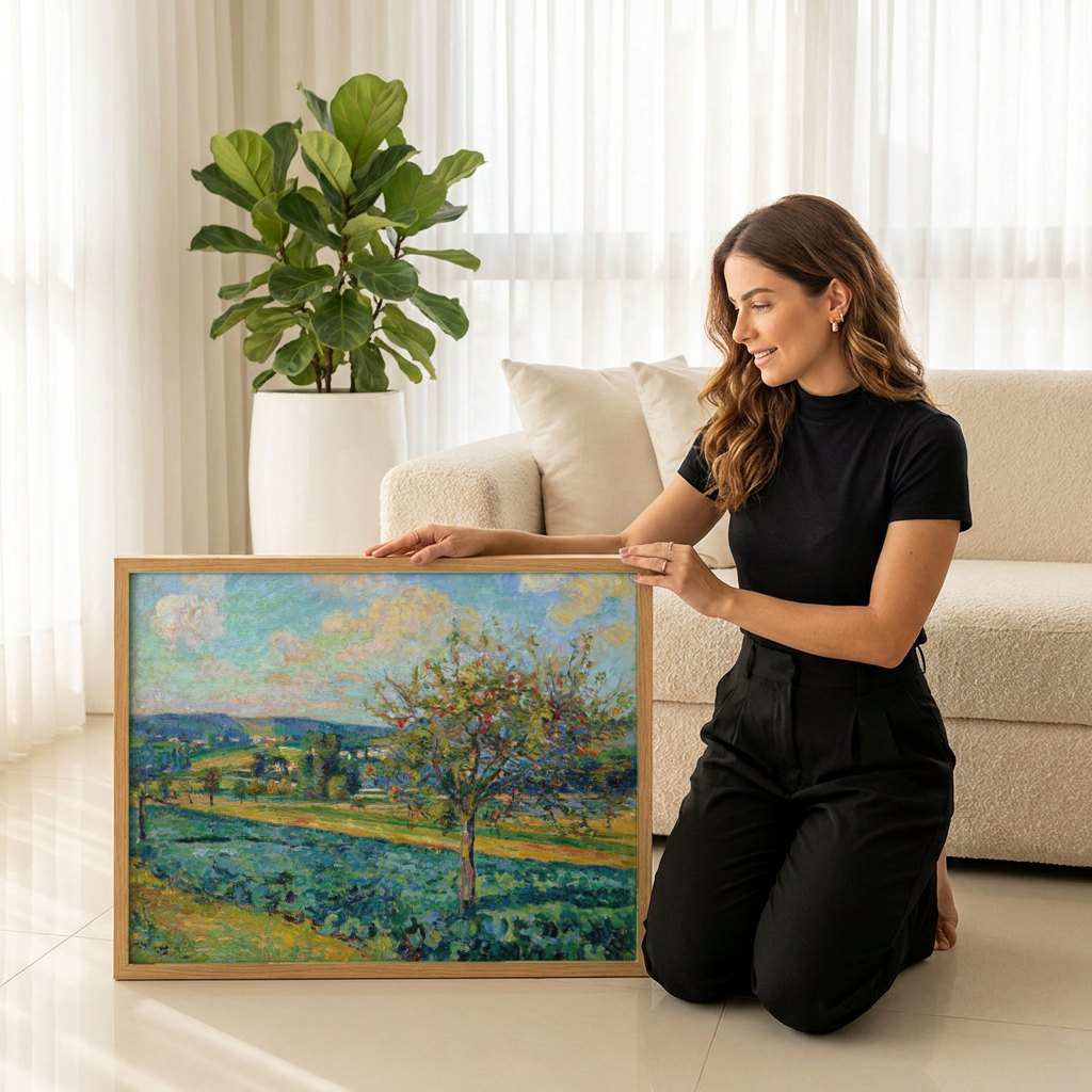 Quadro Decorativo Campo de Macieiras - Armand Guillaumin | modelo apresentando o quadro emoldurado