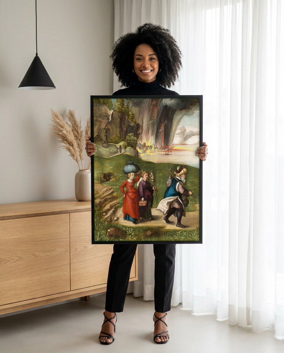 Quadro Decorativo A Fuga de Ló e Sua Família - Dürer | modelo apresentando o quadro emoldurado