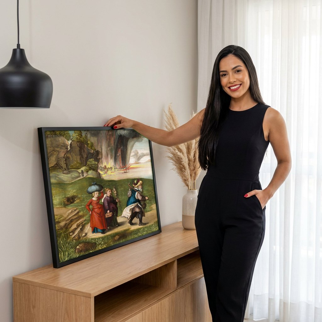 Quadro Decorativo A Fuga de Ló e Sua Família - Dürer | modelo apresentando o quadro emoldurado