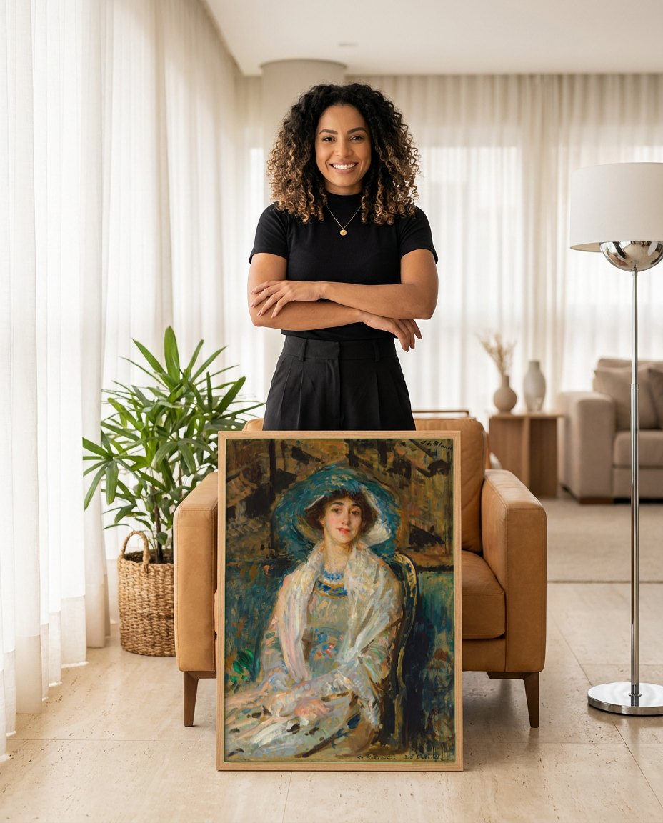 Quadro Decorativo Retrato de Mulher com Chapéu Azul - Jacques Émile Blanche | modelo apresentando o quadro emoldurado