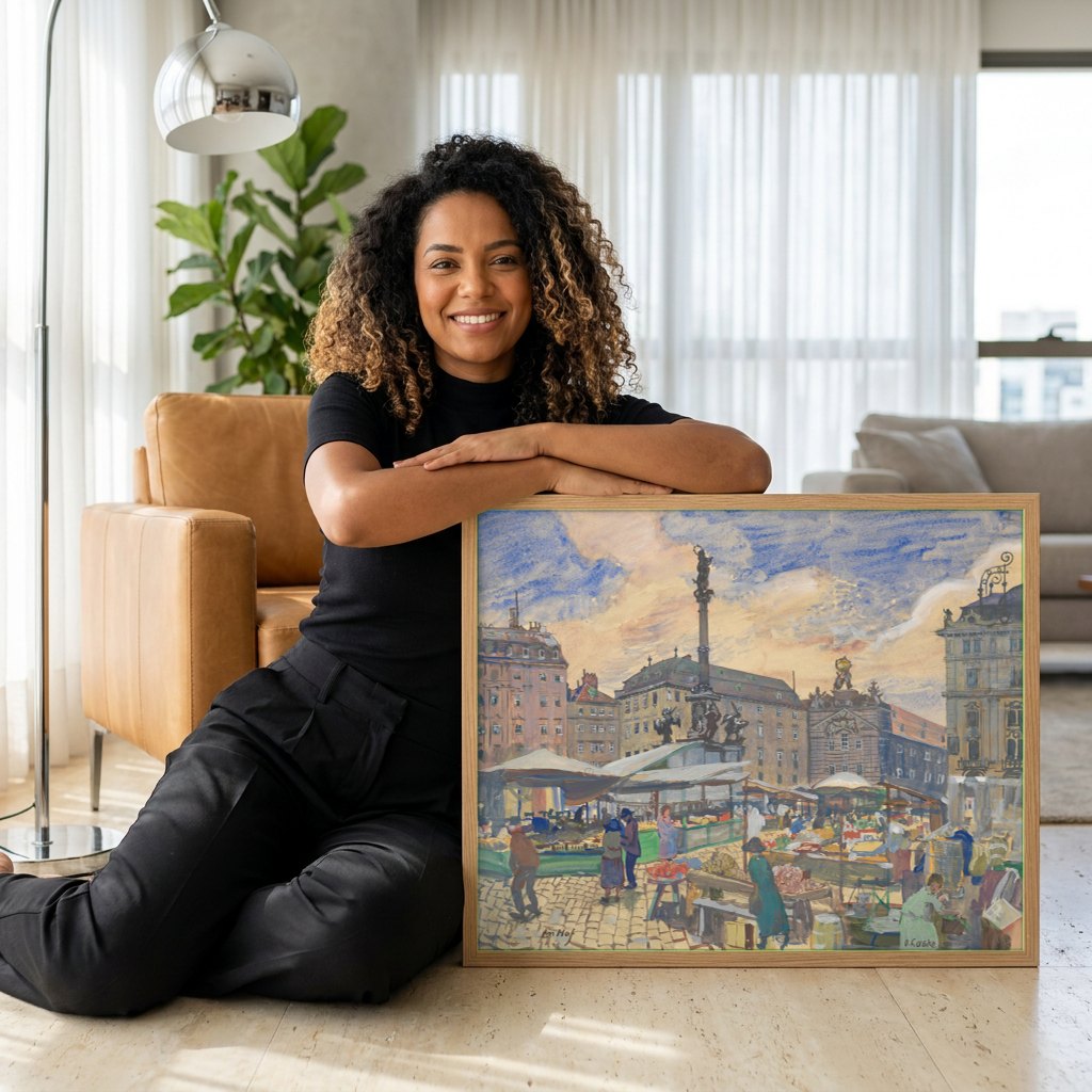 Quadro Decorativo Mercado Vibrante em Am Hof - Oskar Laske | modelo apresentando o quadro emoldurado