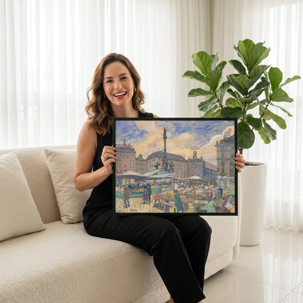 Quadro Decorativo Mercado Vibrante em Am Hof - Oskar Laske | modelo apresentando o quadro emoldurado
