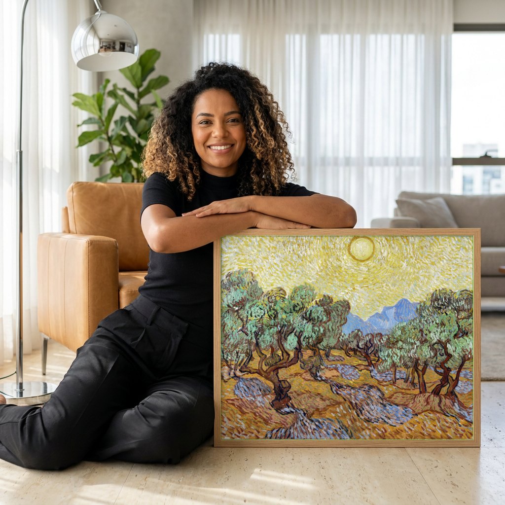 Quadro Decorativo Campo de Oliveiras com Sol - Van Gogh | modelo apresentando o quadro emoldurado