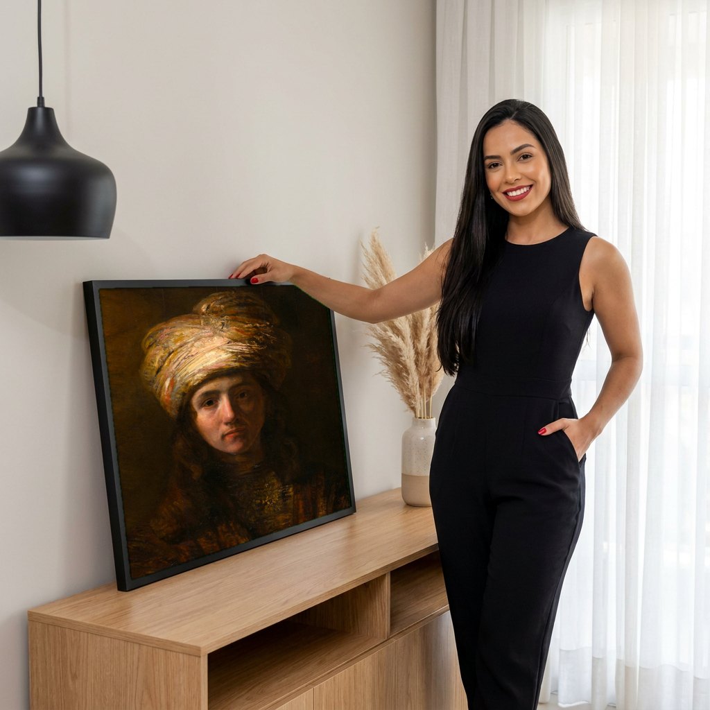 Quadro Decorativo Homem com Turbante - Rembrandt | modelo apresentando o quadro emoldurado