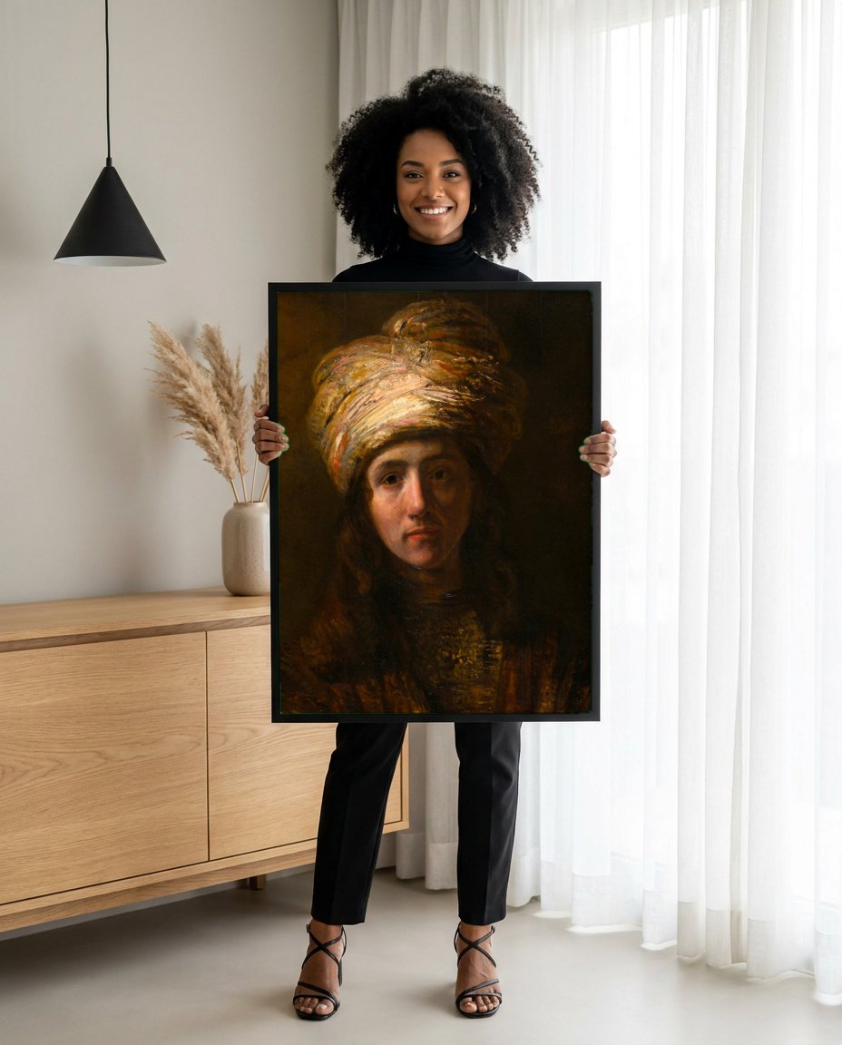 Quadro Decorativo Homem com Turbante - Rembrandt | modelo apresentando o quadro emoldurado