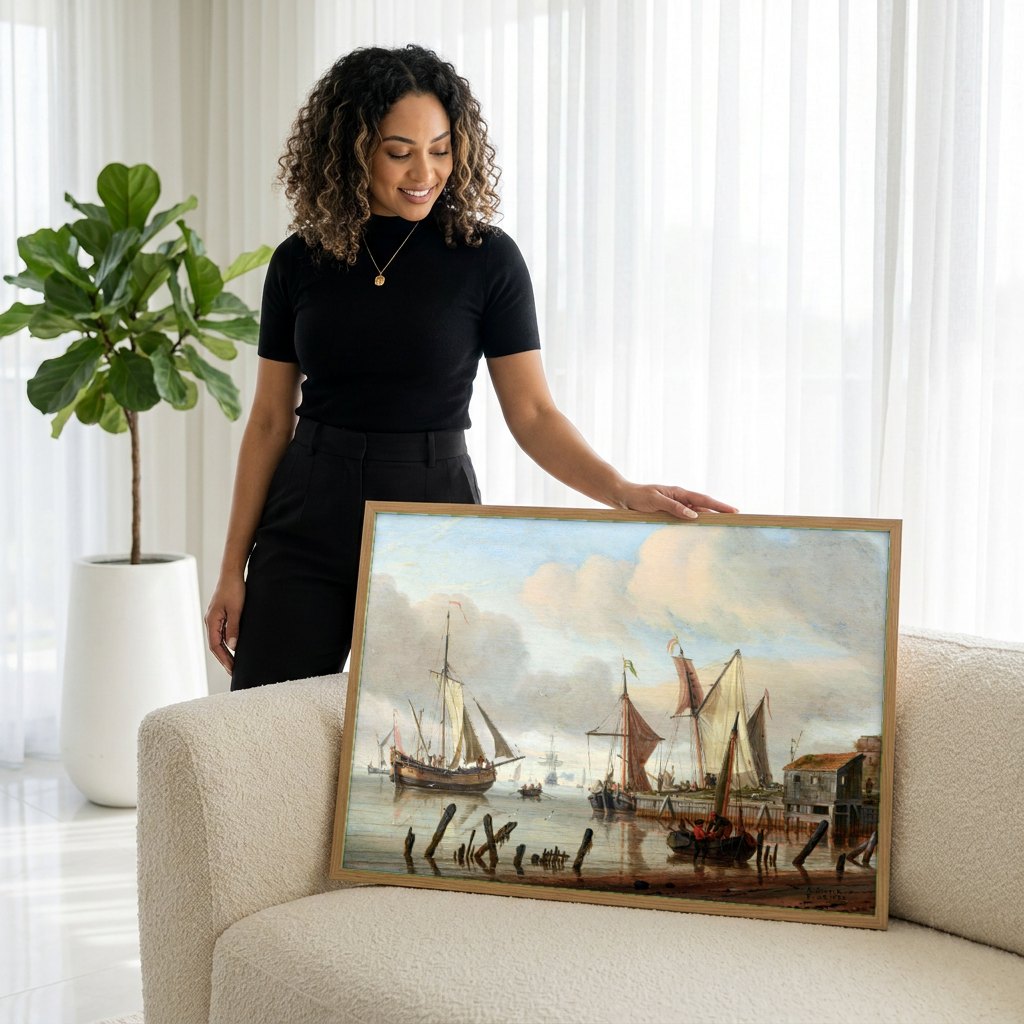Quadro Decorativo Porto Holandês - Abraham Storck | modelo apresentando o quadro emoldurado