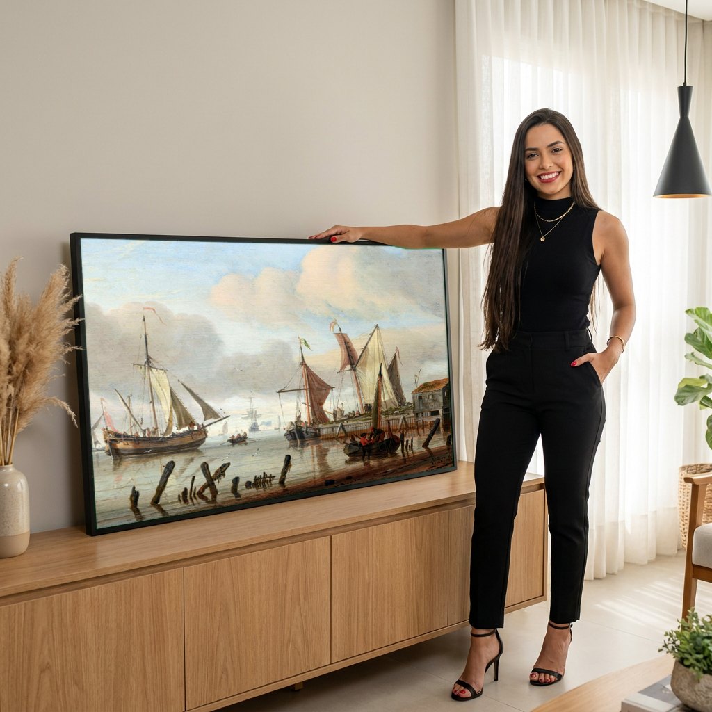 Quadro Decorativo Porto Holandês - Abraham Storck | modelo apresentando o quadro emoldurado