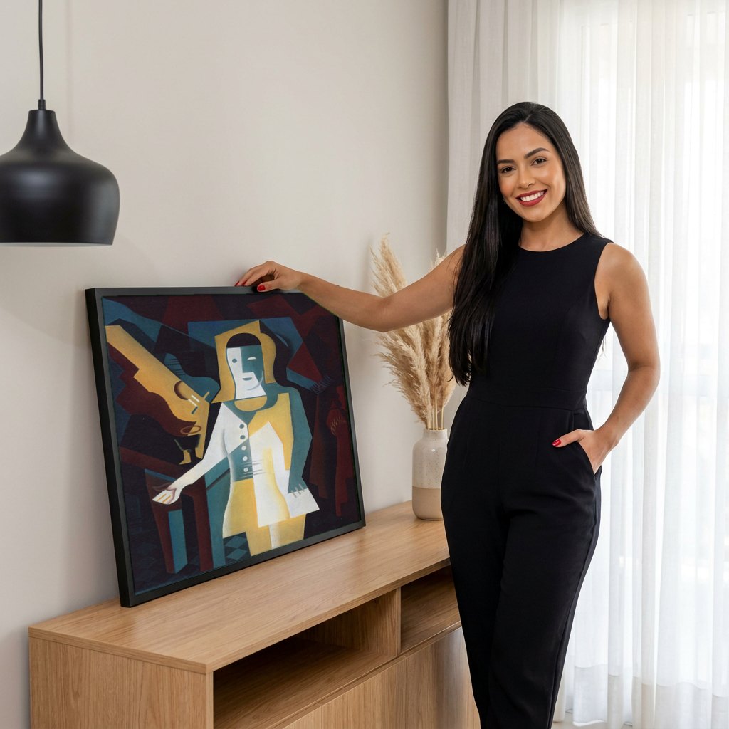 Quadro Decorativo A Mulher com Bandolim - Juan Gris | modelo apresentando o quadro emoldurado