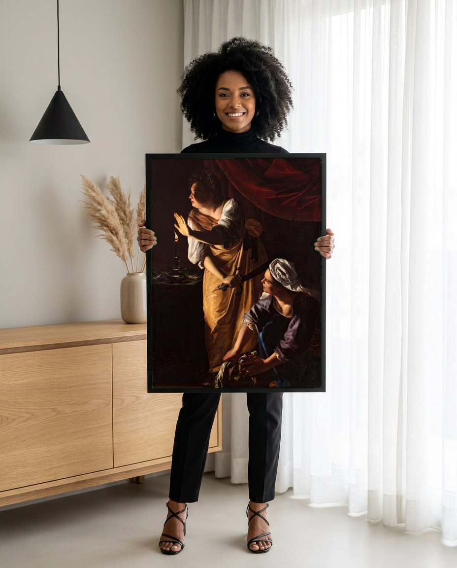 Quadro Decorativo Judith e sua Serva com a Cabeça de Holofernes - Gentileschi | modelo apresentando o quadro emoldurado