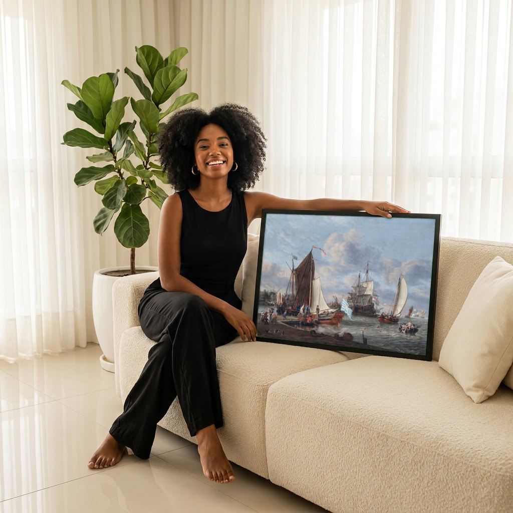 Quadro Decorativo Porto Holandês - Abraham Storck | modelo apresentando o quadro emoldurado