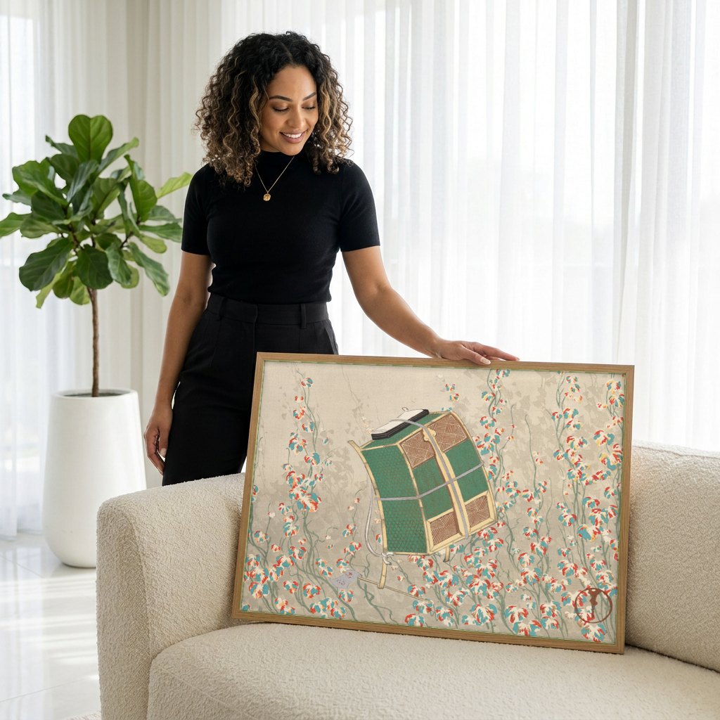 Quadro Decorativo Cesto de Cargas em Campo Florido - Kamisaka Sekka | modelo apresentando o quadro emoldurado