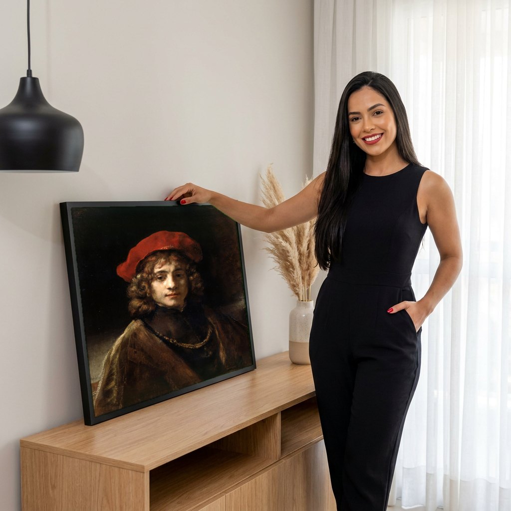 Quadro Decorativo Autorretrato Jovem - Rembrandt | modelo apresentando o quadro emoldurado