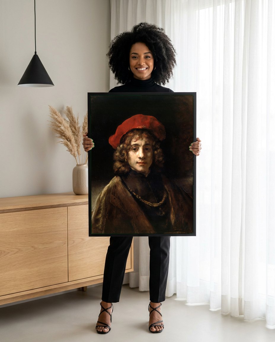 Quadro Decorativo Autorretrato Jovem - Rembrandt | modelo apresentando o quadro emoldurado