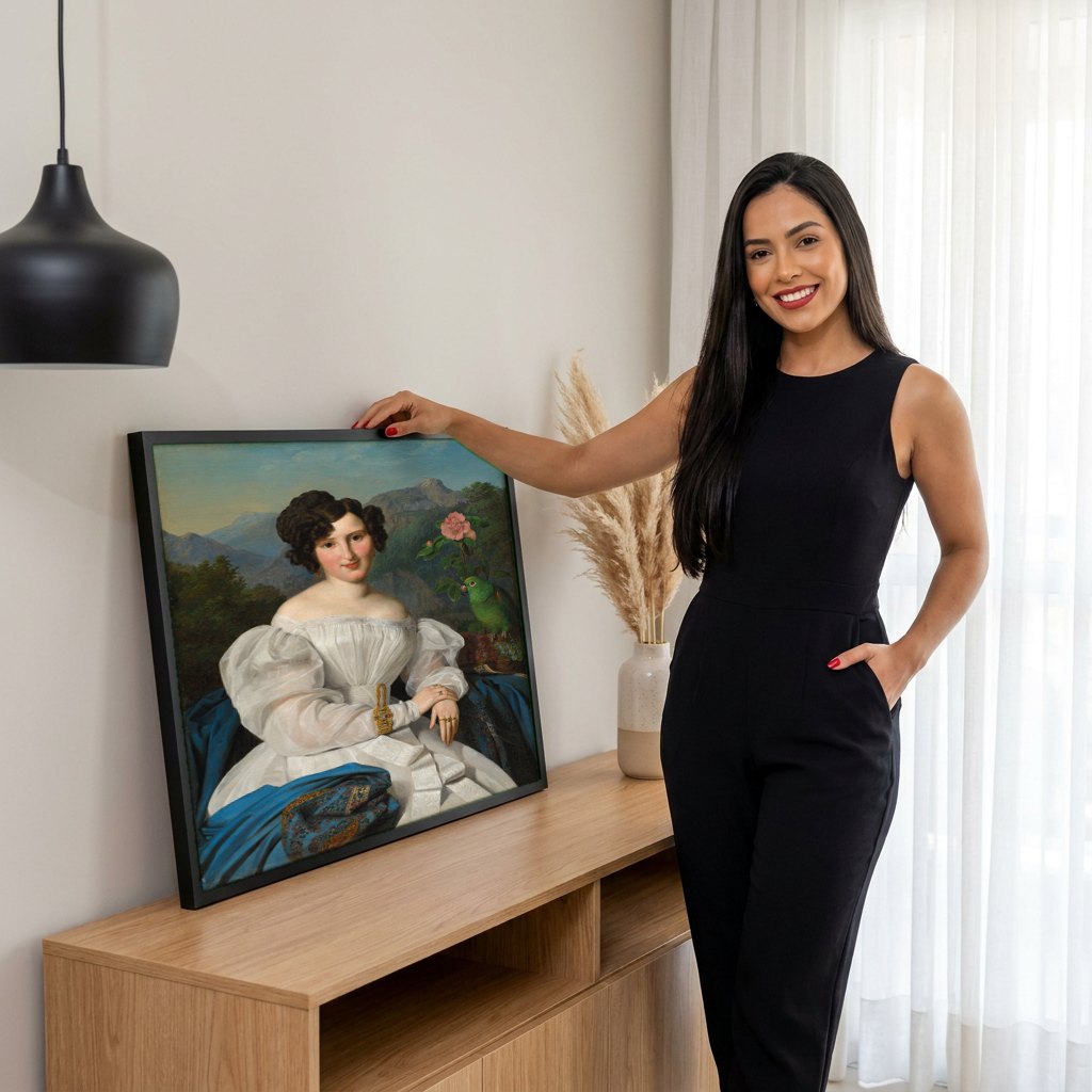 Quadro Decorativo Retrato de Mulher com Papagaio - Waldmüller | modelo apresentando o quadro emoldurado