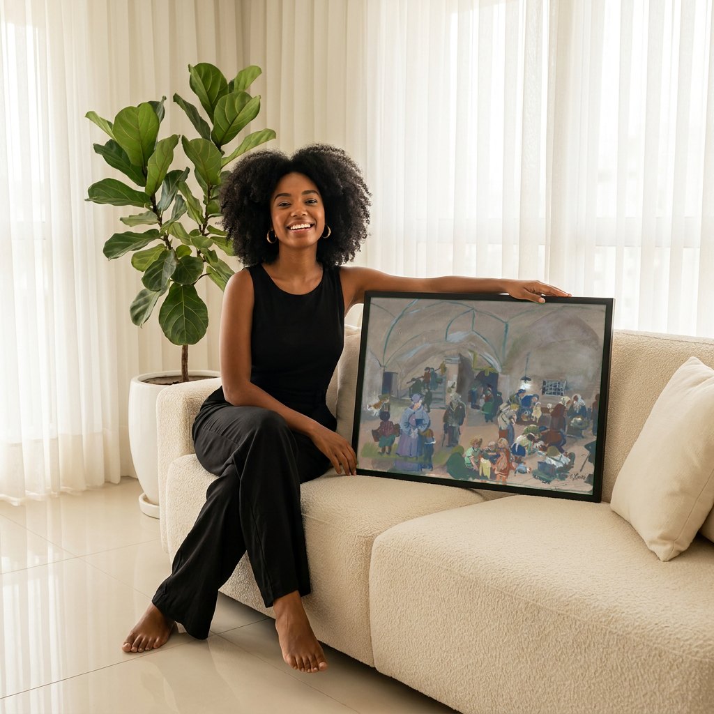 Quadro Decorativo Cena de Refugiados em Abrigo - Oskar Laske | modelo apresentando o quadro emoldurado