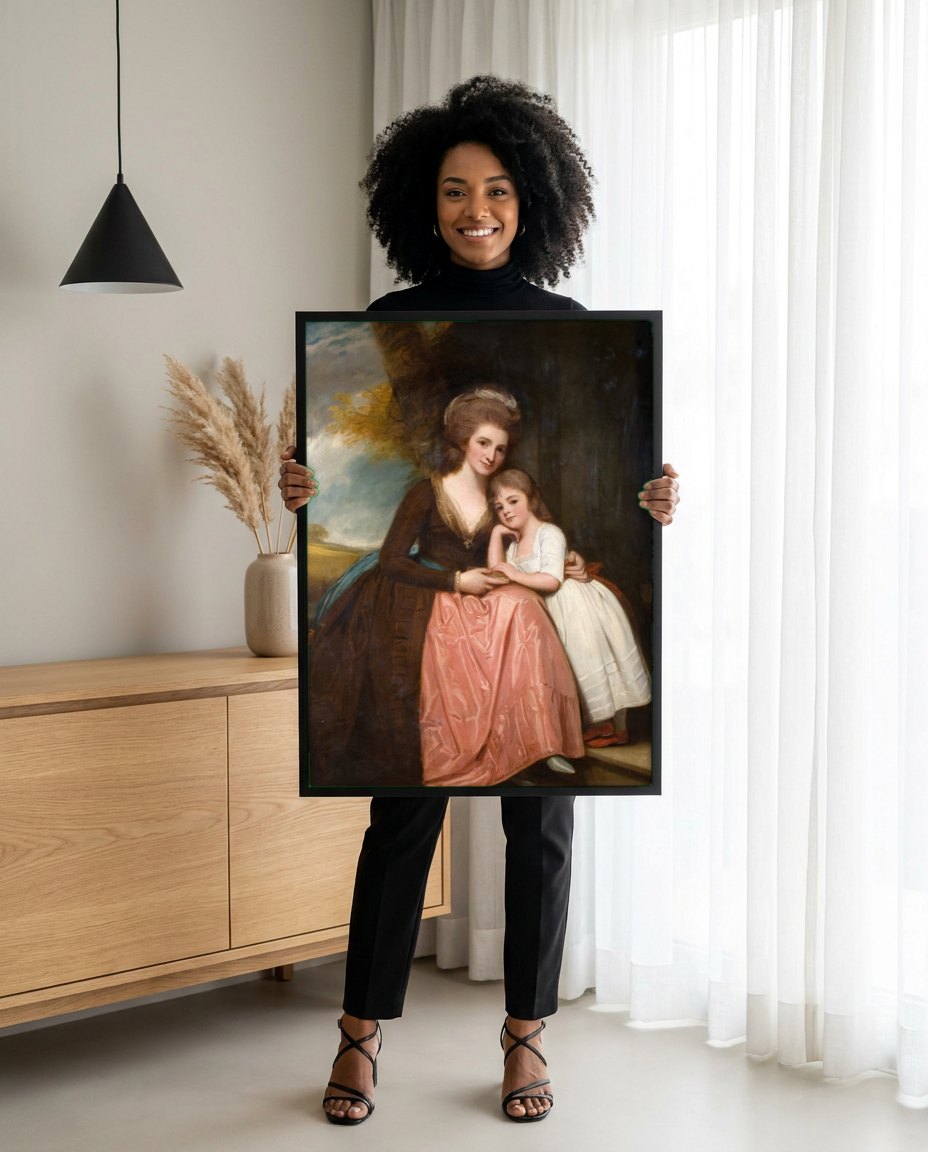 Quadro Decorativo Mãe e Filha - George Romney | modelo apresentando o quadro emoldurado