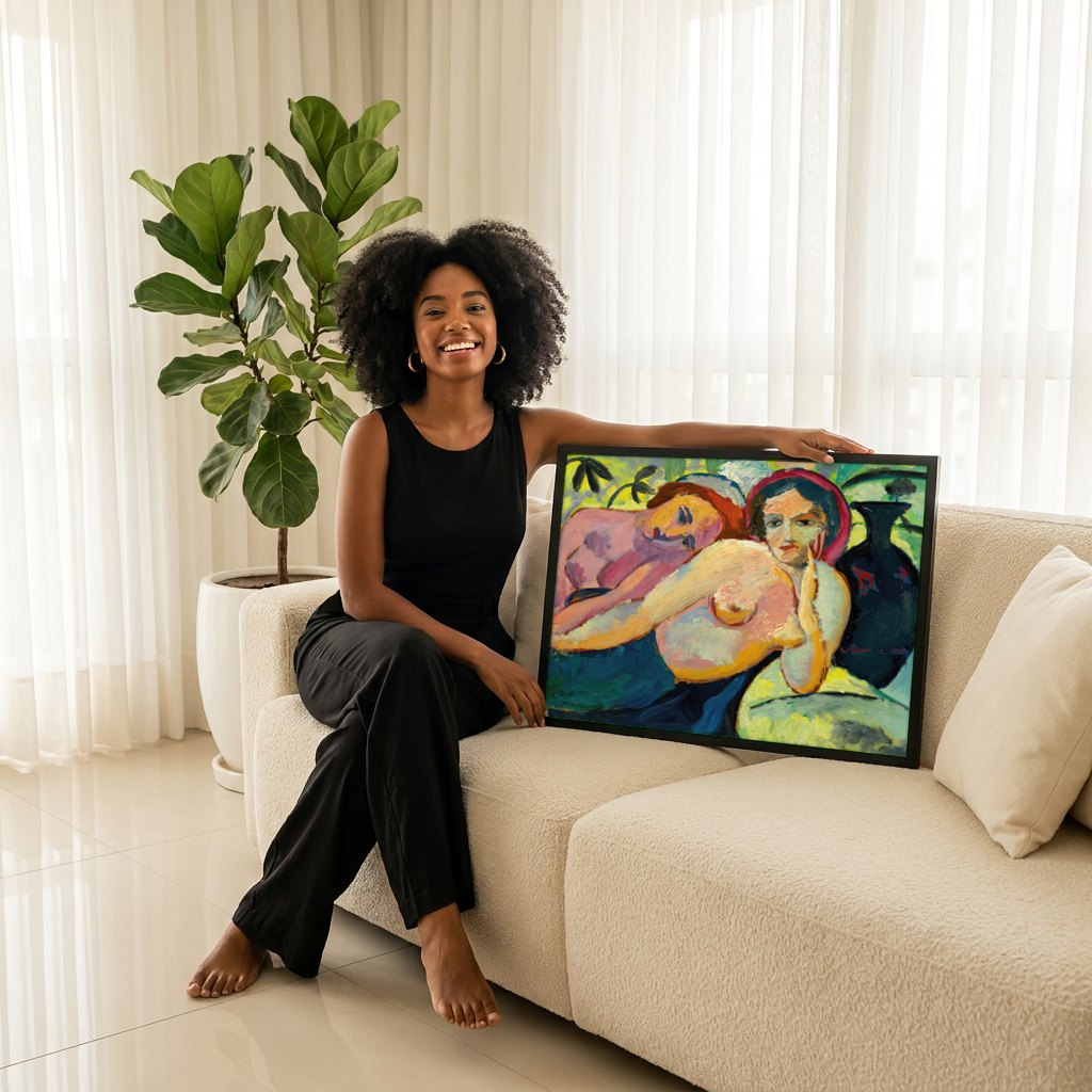 Quadro Decorativo Duas Mulheres - August Macke | modelo apresentando o quadro emoldurado