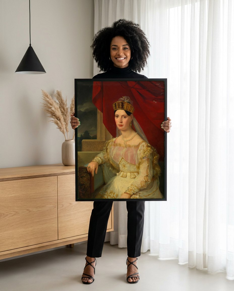 Quadro Decorativo Retrato de Mulher com Touca Dourada - Amerling | modelo apresentando o quadro emoldurado