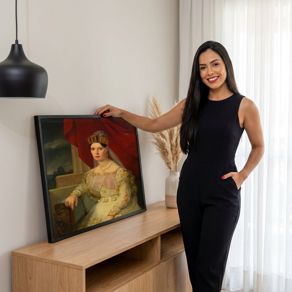 Quadro Decorativo Retrato de Mulher com Touca Dourada - Amerling | modelo apresentando o quadro emoldurado