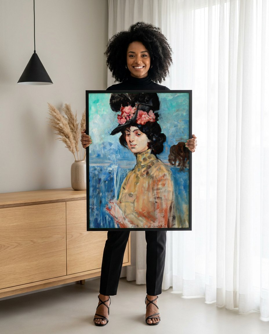 Quadro Decorativo Retrato de Senhora com Chapéu - Malczewski | modelo apresentando o quadro emoldurado