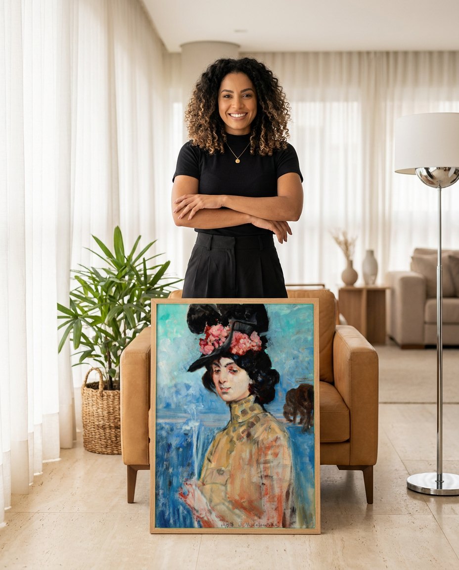 Quadro Decorativo Retrato de Senhora com Chapéu - Malczewski | modelo apresentando o quadro emoldurado
